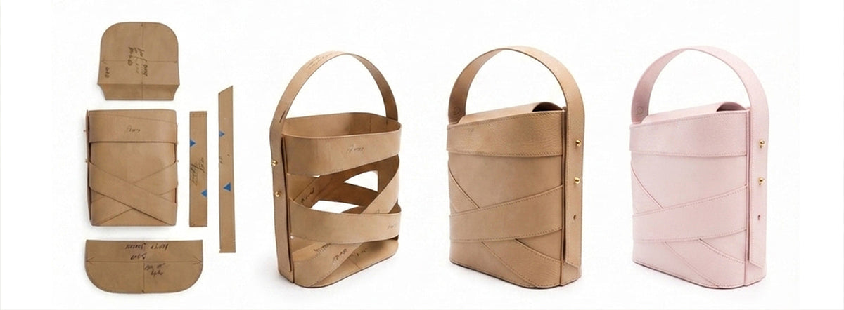 the evolution of paper patterns transforming into a paper bag which then transforms into a leather bag showing the process of design rom pattern to model to finished bag 