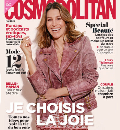 Cosmopolitan magazine cover with a woman in a pink jacket on a light gray background that featured the Anna bucket leather handbag from Studio DRÈA in May 2026 edition