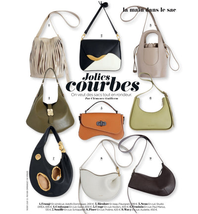 Anna bucket handbag from Studio DRÈA featured among other leather handbags displayed on a white background with text in Cosmopolitan France print magazine May 2026 edition.