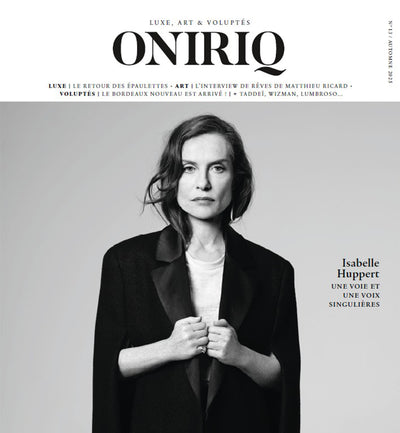 Oniriq magazine print cover with Isabelle Huppert that features Anna bucket leather handbag from Studio DRÈA